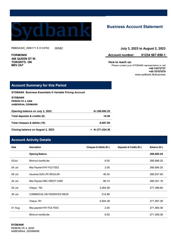 Modèle Word et PDF de relevé de compte d'entreprise Sydbank